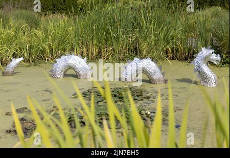 Une sculpture de serpent de mer faite de canettes de soda jetées, exposée au jardin de l'Oregon à Silverton, Oregon. Banque D'Images