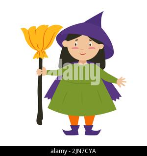 Jolie sorcière avec un balai. Une fille dans un costume de sorcière pour Halloween. Illustration vectorielle de style plat Illustration de Vecteur