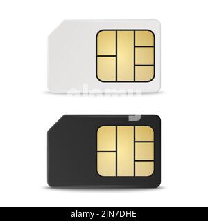 Vector 3D Realistic, jeu de modèles de cartes SIM en plastique blanc et noir isolé. Modèle de conception de carte SIM pour maquette, marquage. Vue avant Illustration de Vecteur