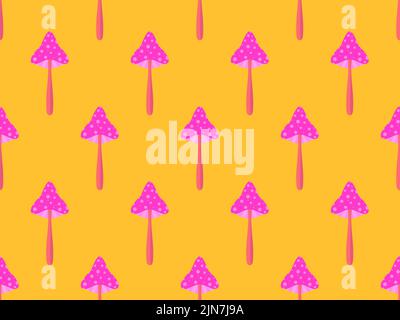 Motif de champignons de tabouret sans couture. Champignons roses sur fond jaune. Champignons de tabouret toxiques non comestibles. Design pour affiches, bannières et p Illustration de Vecteur