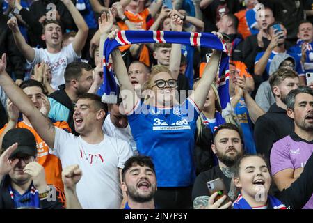 Glasgow, Royaume-Uni. 09th août 2022. Les Rangers accueillent l'Union Saint-Gilloise (USG) dans la deuxième partie de la Ligue des champions le mardi 9 août à Ibrox, leur stade d'origine - le perdant de la cravate va aller dans la scène de groupe de l'Europa League. Au premier tour, les Rangers ont perdu 2 à 0 avec des buts de Teddy Teuma et de Danta Vanzeir. Crédit : Findlay/Alay Live News Banque D'Images