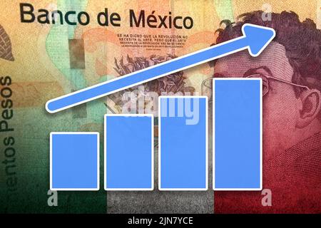 Graphique de l'économie : flèche vers le haut, espèces pesos mexicains, et drapeau du Mexique Banque D'Images