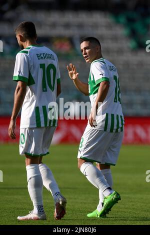 Modène, Italie. 08 août 2022. Giacomo Raspadori (R) des États-Unis Sassuolo parle avec Domenico Berardi des États-Unis Sassuolo lors du match de football de Coppa Italia entre Modène FC et US Sassuolo. Credit: Nicolò Campo/Alay Live News Banque D'Images