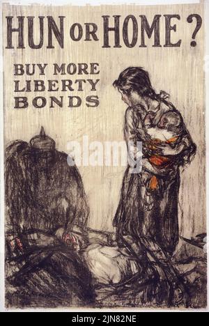 Hun ou à la maison ? Acheter plus Liberty Bonds (1918) affiche de l'époque de la première Guerre mondiale américaine par Henry Raleigh Banque D'Images