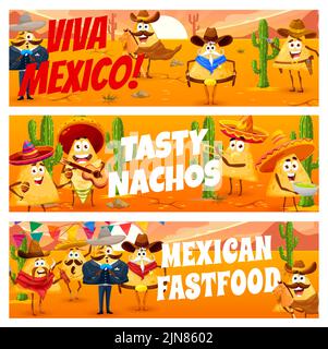 Jetons de nachos mexicains comme cowboy, bandit et shérif caractères, bannières vectorielles. Collations mexicaines drôles de restauration rapide nachos croustilles charros dans le sombrero et le poncho avec guitares, maracas et salsa de guacamole Illustration de Vecteur