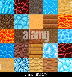 Lave, glace, iceberg, cristal, sable, eau, planche en bois, magma rétro 8bit pixels art jeu de la surface des motifs vectoriels. Textures de surface, blocs de terre de jeu 8 bits, arrière-plans rétro d'environnement d'arcade Illustration de Vecteur