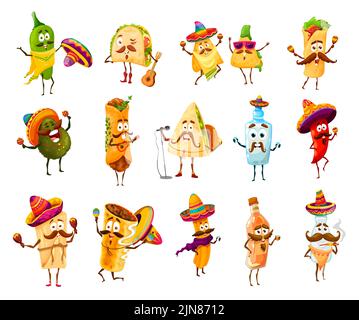 Caricature mexicaine personnages amusants et heureux. Vector tex mex tequila, mariachi tacos, burrito et nachos jouant sur des instruments, avocat, quesadilla et tamales, churos, jalapeno, flacons mezcal et pulque Illustration de Vecteur