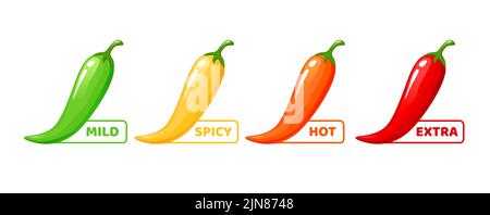 Étiquette de niveau épicée. Ketchup, épices chaudes ou tartre épicé avec des piments verts, jaunes, orange et rouges. Label de goût de la sauce Tabasco ou indicateur de niveau de capsaïcine de piment jalapeno Illustration de Vecteur