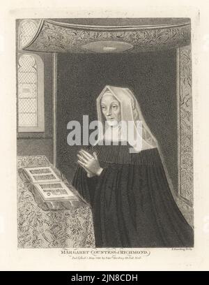 Lady Margaret Beaufort, c.1441-1509, mère du roi Henri VII d'Angleterre et figure majeure dans les guerres des Roses. Vêtue d'une capuche avec une robe noire et câtrice, agenouillée sous une verrière, ses mains se sont jointes dans la prière avant un livre ouvert d'heures sur une table. Margaret, comtesse de Richmond. Gravure sur plaque de coperplate par Edward Harding du Cabinet britannique de John Adolphus, contenant des portraits de personnalités illustres, imprimée par T. Bensley pour E. Harding, 98 Pall Mall, Londres, 1799. Banque D'Images