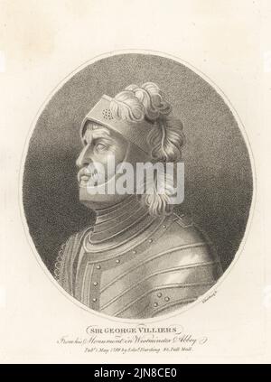 Sir George Villiers, chevalier anglais, monsieur de campagne, cour de la reine Elizabeth I, 1544-1606. De son monument en marbre blanc sculpté par Nicholas Stone, en costume d'armure de plaque et de casque plumé, l'abbaye de Westminster. Gravure sur plaque de coperplate par Edward Harding du Cabinet britannique de John Adolphus, contenant des portraits de personnalités illustres, imprimée par T. Bensley pour E. Harding, 98 Pall Mall, Londres, 1799. Banque D'Images