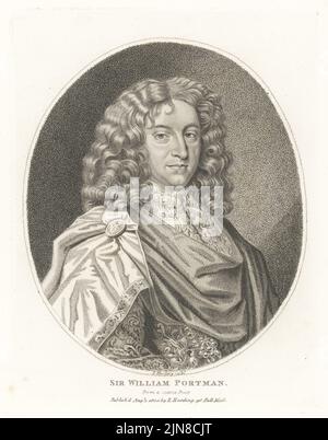 Sir William Portman, 6th Baronet, homme politique, Knight of the Bath, député de Taunton et Somerset pour le Parlement cavalier, 1643-1690. Dans la perruque, manteau richement brodé avec le manteau attaché sur l'épaule avec une broche. D'un tirage rare. Gravure sur plaque de coperplate par Edward Harding du Cabinet britannique de John Adolphus, contenant des portraits de personnalités illustres, imprimée par T. Bensley pour E. Harding, 98 Pall Mall, Londres, 1800. Banque D'Images