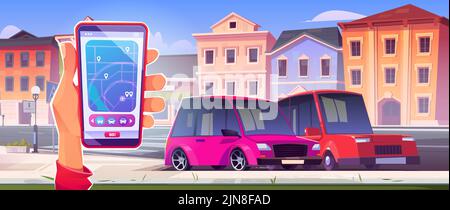 Concept de partage de voiture ou de service de taxi avec main humaine smartphone tenant avec application pour la commande d'automobiles. Véhicules garés dans la rue de la ville, commander, louer et partager une illustration vectorielle de dessin animé de véhicule Illustration de Vecteur