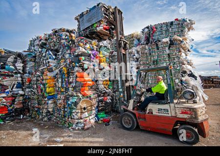 Chariot élévateur à fourche empilant des balles de divers plastiques pour recyclage dans une usine de recyclage à Geelong, Victoria Banque D'Images