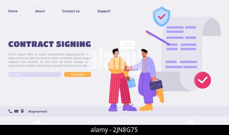 Page de renvoi de signature de contrat. Les partenaires commerciaux se sont mis à collaborer après une bonne affaire. Réunion d'hommes d'affaires, partenariat d'entreprise, mains tremblantes, accord pendant la négociation bandeau web vectoriel plat d'art de ligne Illustration de Vecteur