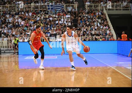 Athènes, Grèce. 09th août 2022. GIANNOUlis LANRENTZAKIS #5 de l'équipe de basket-ball grecque réagir lors du match amical entre l'équipe nationale grecque et l'équipe nationale espagnole au stade OAKA sur 9 août 2022 à Athènes, Grèce. Crédit : Agence photo indépendante/Alamy Live News Banque D'Images