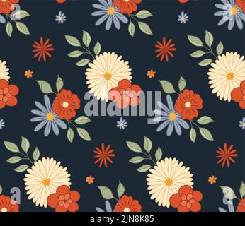 Motif vectoriel sans couture avec bouquet de fleurs et tiges groovy sur motif sombre. Ambiance hippie. Texture rétro à motif floral. Arrière-plan nature pour le tissu Illustration de Vecteur