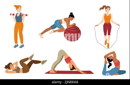 Ensemble d'exercices pour jeunes femmes, illustration plate. Personnages féminins actifs faisant dumbbell, fitball, yoga, stretching sports entraînement, saut corde à sauter. Un style de vie sain pour un corps en forme. Conception vectorielle Illustration de Vecteur