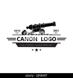 icône de vecteur logo cannon, arme de guerre de l'armée, bombe, dispositif explosif, garde royale, rétro vintage Illustration de Vecteur