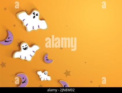 Halloween Party a décoré biscuits sur un fond orange illustration plat. Biscuits en forme de fantômes et de lunes avec glaçage. Illustration de Vecteur