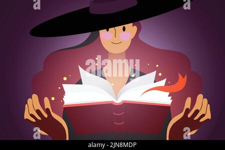 Illustration de la bannière vectorielle Halloween. Jeune sorcière pratiquant la sorcellerie avec un livre ouvert de sorts. Sorcière faisant la magie. Illustration de Vecteur