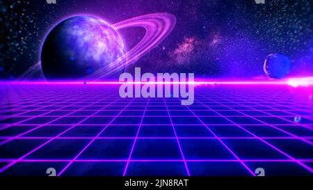 Paysage futuriste rétro et espace pour 80s arrière-plan Banque D'Images