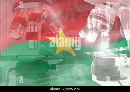 Microscope sur le drapeau du Burkina Faso - contexte conceptuel du développement scientifique. Recherche en biotechnologie ou en chimie, 3D illustration de l'objet Banque D'Images