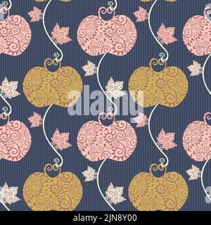 Arrière-plan élégant et stylisé avec motif vectoriel sans couture en forme de pomme et de feuille.pommes et feuilles roses dorées de style pochoir Vintage sur fond bleu. Fruits et Illustration de Vecteur