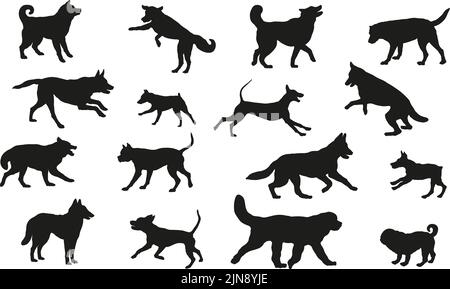 Groupe de chiens de différentes races. Silhouette de chien noire. Chiens de course, debout, marchant, sautant. Isolé sur un fond blanc. Animaux de compagnie. Vecteur. Illustration de Vecteur