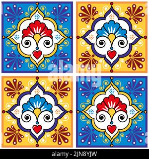 Mosaïque mexicaine talavera vecteur de céramique motif sans couture avec fleurs, coeurs et tourbillons inspirés par l'art populaire mexicain Illustration de Vecteur