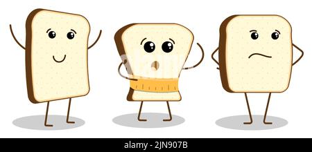 Jeu de caractères, morceaux de pain drôles dans l'expression blessée. Caractère joyeux, surpris et perplexe. Vecteur plat isolé sur fond blanc Illustration de Vecteur