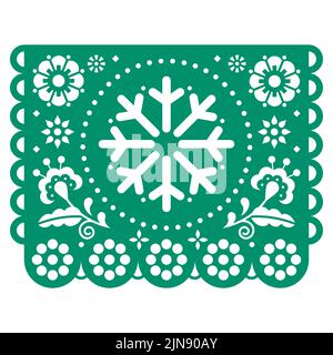 Motif vectoriel papel Picado de Noël avec flocons de neige et fleurs, décoration mexicaine festive en papier d'hiver découpée en vert Illustration de Vecteur