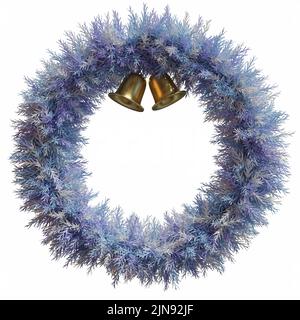 Couronne de Noël avec cloches dorées branches enneigées bleu violet, isolée sur fond blanc, rendu 3D, illustration 3D Banque D'Images