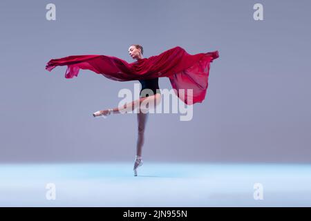 Portrait de la jeune ballerine dansant avec un tissu rouge foncé et isolé sur fond bleu gris studio. Banque D'Images