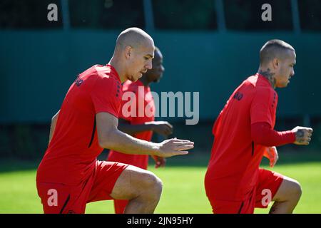 Michael Frey d'Anvers photographié lors d'une session de formation du FC Royal Antwerp, mercredi 10 août 2022 à Anvers. Anvers jouera demain le match de retour de la troisième manche de qualifications pour l'UEFA Europa Conference League contre l'équipe norvégienne SK Lillestrom après une victoire de 1-3 dans la première manche. BELGA PHOTO TOM GOYVAERTS Banque D'Images