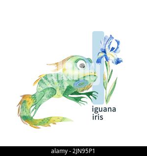 Lettre I, iguana et iris, les animaux colorés et les fleurs de l'alphabet. Illustration aquarelle isolée sur fond blanc. Banque D'Images