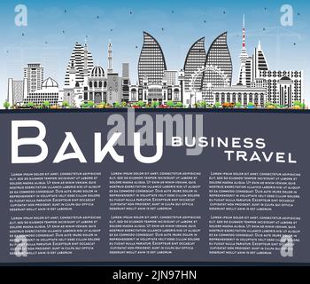 Baku Azerbaidjan City Skyline avec des bâtiments couleur, ciel bleu et espace de copie. Illustration vectorielle. Bakou Cityscape avec des monuments. Illustration de Vecteur