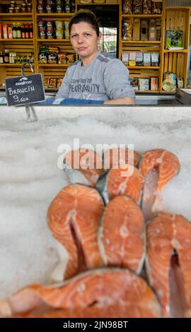 Monténégro - 7 mai 2022 - une femme vend des steaks de saumon dans une cabine du marché. Banque D'Images