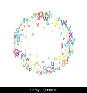 Chute de lettres de langue anglaise. Mots volants de l'alphabet latin, tracés à la main et lumineux. Concept d'étude des langues étrangères. Bannière artistique de retour à l'école sur fond blanc. Illustration de Vecteur