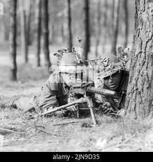 Original-Bildunterschrift: 3000 amerikanische Soldaten im Frühjahrsmanöver - seit gestern der Berlner Grunewald WIDER 'Schlachtfeld' und die beiden US-Kampfgruppen trainieren mt Platzpatren und hochsiver Übungsmunition für den Angriffs, Berlin, 1961. Banque D'Images