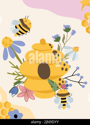 Une jolie composition avec une ruche, des abeilles et des fleurs sauvages. Belle illustration pour votre logo, étiquette. Concept de produits biologiques. Illustration vectorielle. Illustration de Vecteur