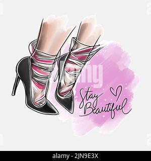Restez beau, citations manuscrites, paire de stilettos, bas, croquis dans le style de doodle Illustration de Vecteur