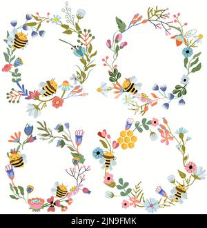 Fleurs sauvages en fleurs et abeilles mellifères. Composition pour vos cartes de vœux, design d'étiquette, bannière. Concept pour les produits biologiques. Illustration vectorielle Illustration de Vecteur