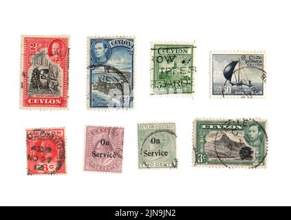 Une sélection d'anciens timbres-poste de Ceylon sur fond blanc. Banque D'Images