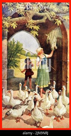 Une illustration du livre d'histoire britannique des enfants vers les années 1940 LA PETITE FILLE DE L'OIE, 'la fille de l'OIE' (en allemand : die Gänsemagd) est un conte de fées des Frères Grimm publié pour la première fois en 1815 dans les contes de fées de Grimm Banque D'Images