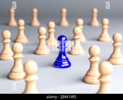 Un pion d'échecs bleu debout dans le pion d'échecs en bois du milieu, apparaissant différent dans la foule sera le centre de l'attention. 3d illustration Banque D'Images