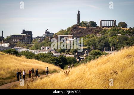 De grandes zones d'herbe sont devenus jaunes en raison des conditions sèches dans Holyrood Park, Édimbourg. Le service écossais d'incendie et de sauvetage (SFR) a pu s'assurer que le risque de feux de forêt était très élevé dans le sud et l'est de l'Écosse, avec de longues périodes ensoleillées et sèches attendues au cours des prochains jours. Date de la photo: Mercredi 10 août 2022. Banque D'Images