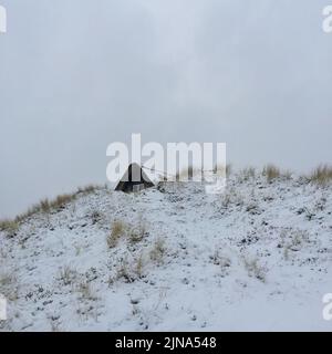 Toit d'une maison d'été traditionnelle derrière une dune de sable dans la neige, Fanoe, Jutland, Danemark Banque D'Images