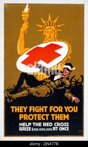 Ils se battent pour vous – Protégez-les aident la Croix-Rouge à relever $100 000 000 à la fois (1917) affiche de W. G. Sesser de l'époque de la première Guerre mondiale américaine Banque D'Images