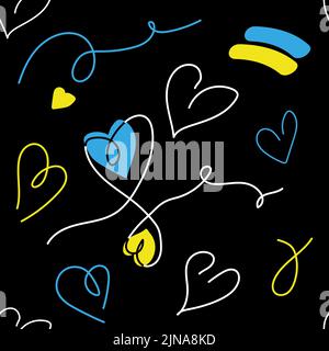 Amour, coeur motif vectoriel avec coeurs en couleurs ukrainiennes bleu et jaune sur fond noir . Un dessin au trait continu de dessin ukrainien Illustration de Vecteur