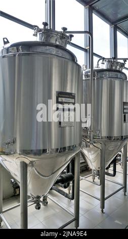 Rangée de cuves de micro-brasserie en métal brillant ou cuves de fermentation en purée dans l'usine de brasserie. Usine de bière moderne avec bouilloires, tubes et réservoirs à brasseur Banque D'Images